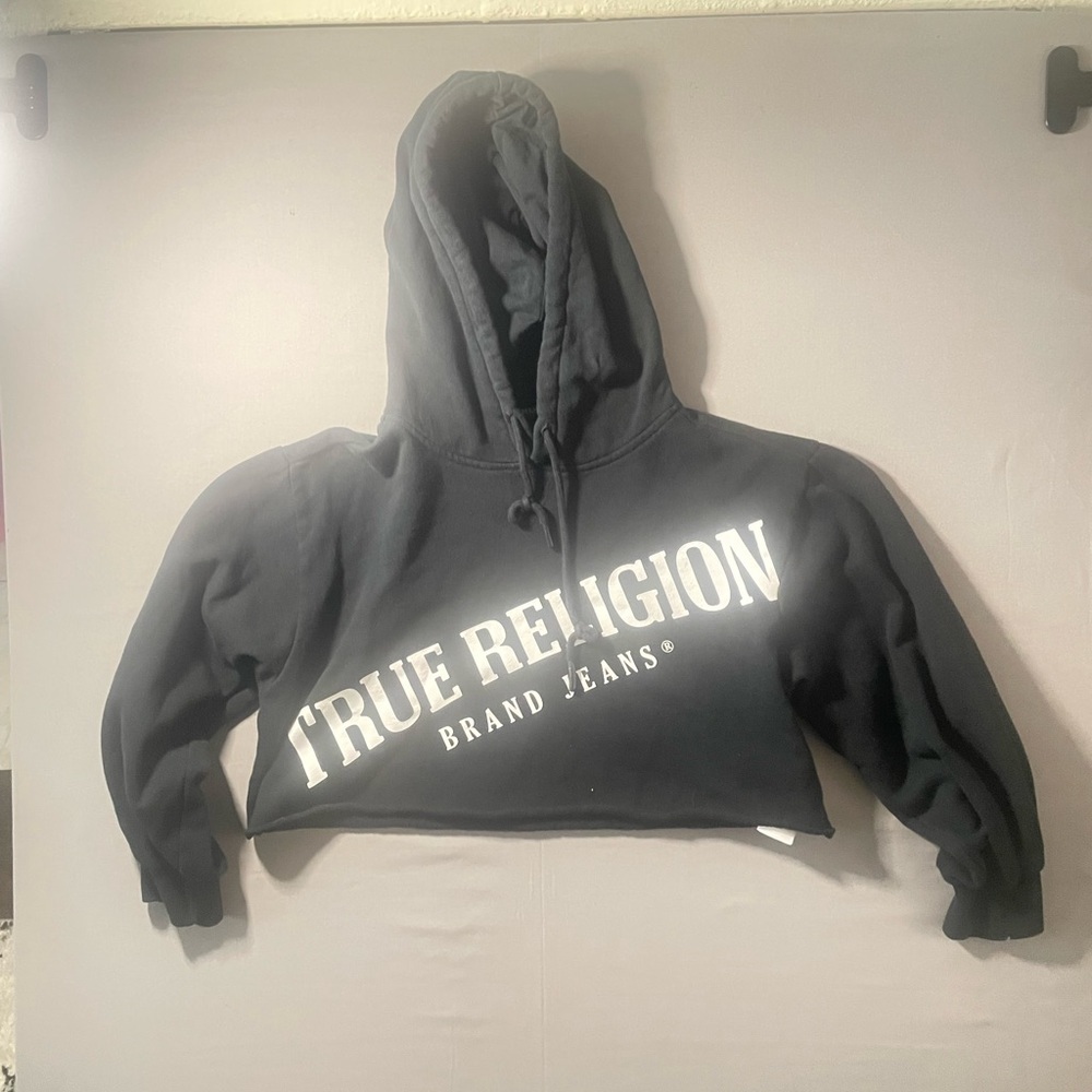 True Religion Black Surplus Cropped Boxy Hoodie Women’s Oversized Logo Pullover